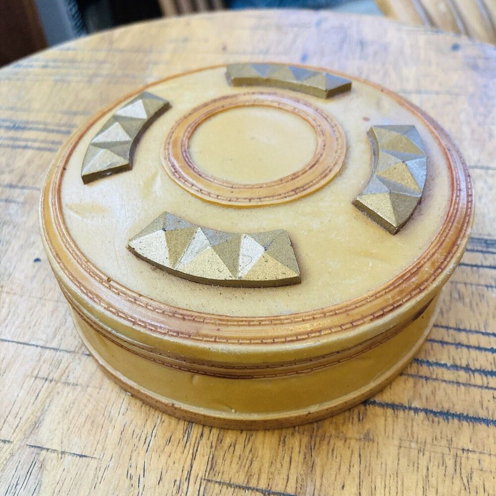 Vintage Composite Trinket Covered Lid Round Boho Jewelry Box
